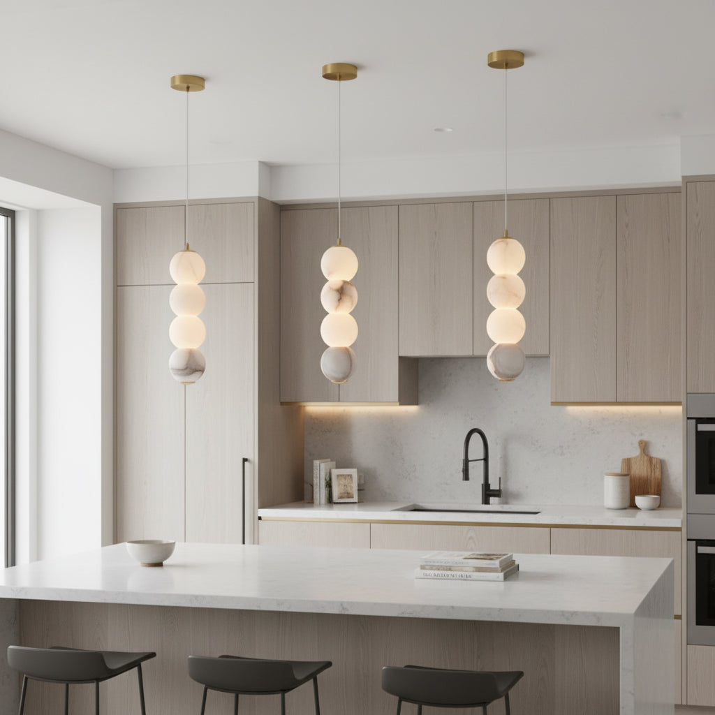 Pearl Alabaster Pendant Light - Vertical Stacked Stone Orbs & Brass Frame