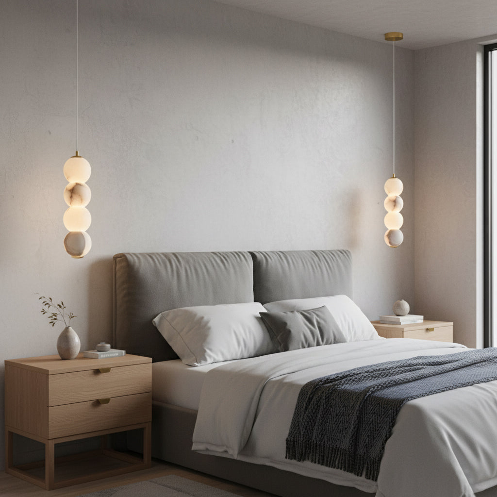Pearl Alabaster Pendant Light - Vertical Stacked Stone Orbs & Brass Frame