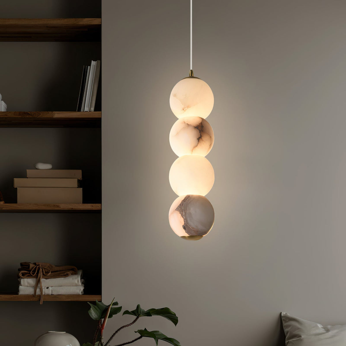 Pearl Alabaster Pendant Light - Vertical Stacked Stone Orbs & Brass Frame
