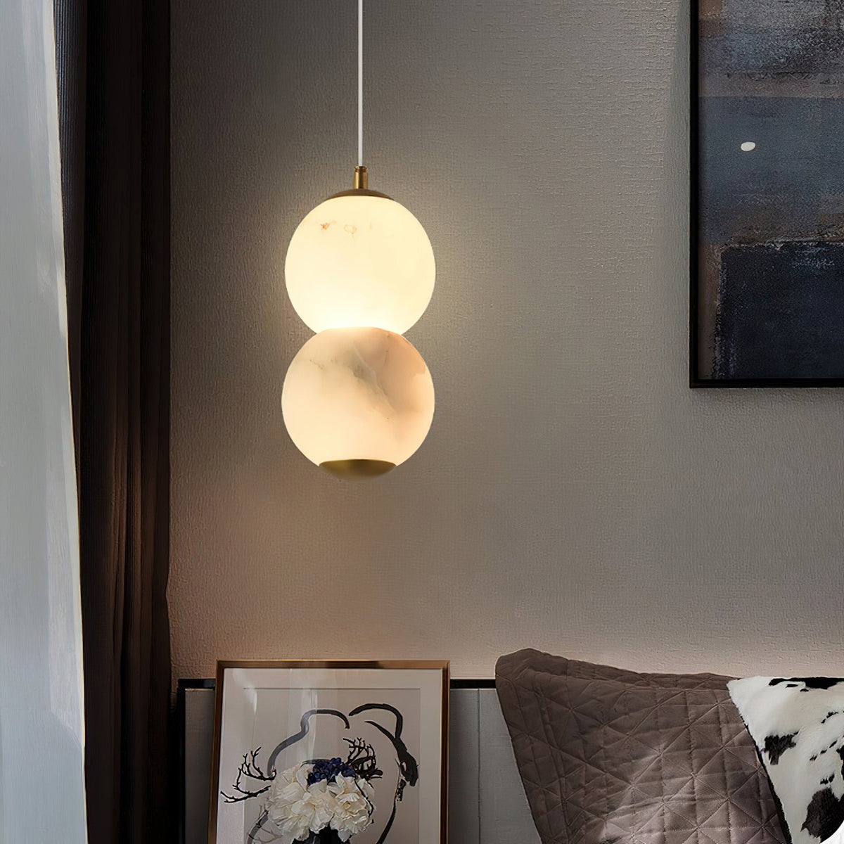 Pearl Alabaster Pendant Light - Vertical Stacked Stone Orbs & Brass Frame