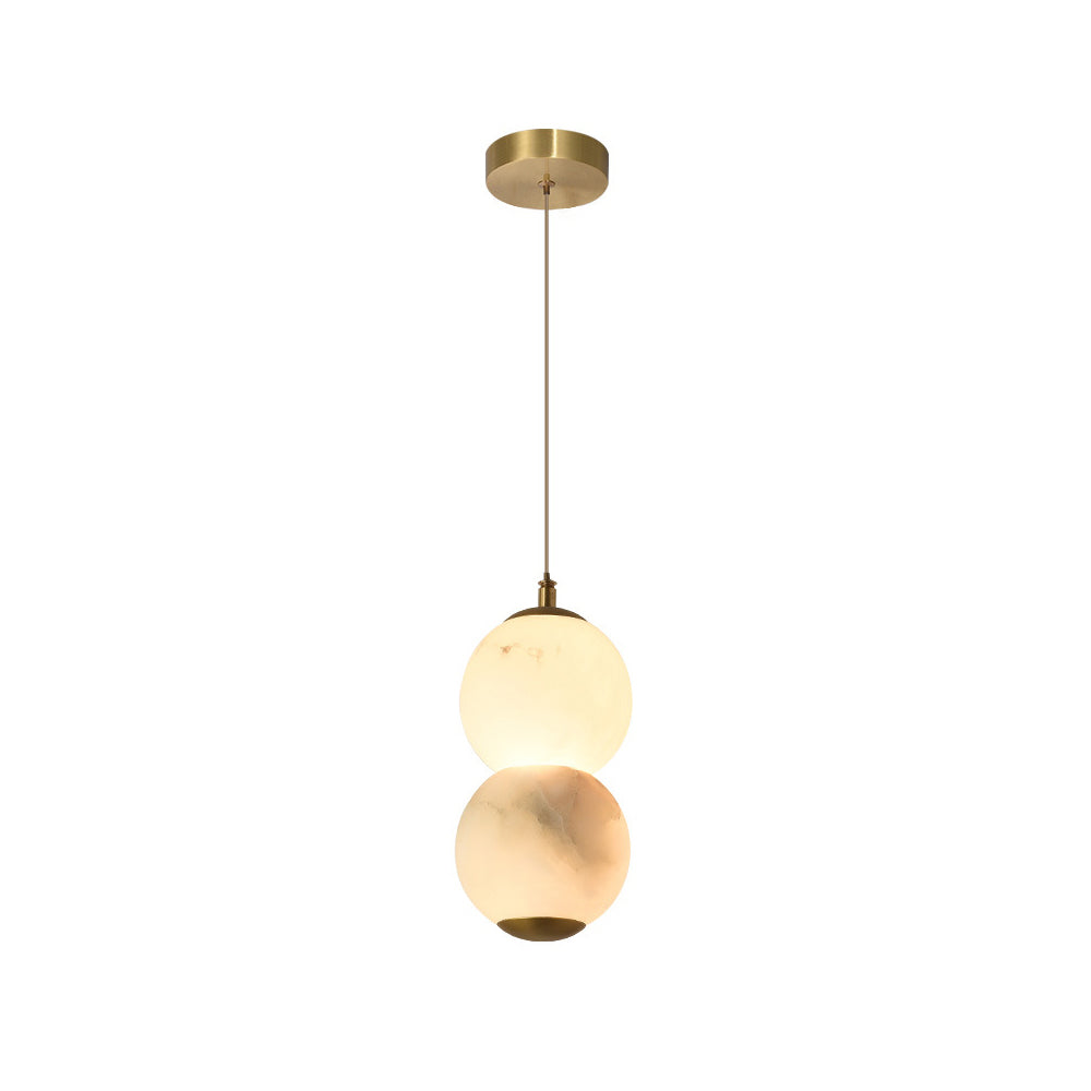 Pearl Alabaster Pendant Light - Vertical Stacked Stone Orbs & Brass Frame