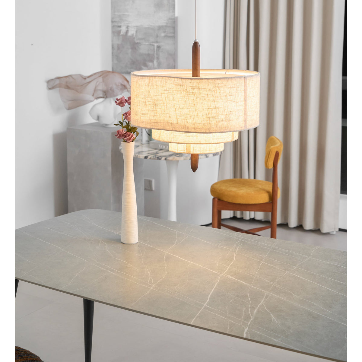 Pebble Pendant Lamp - Organic Fabric Cluster & Wood Accent Light