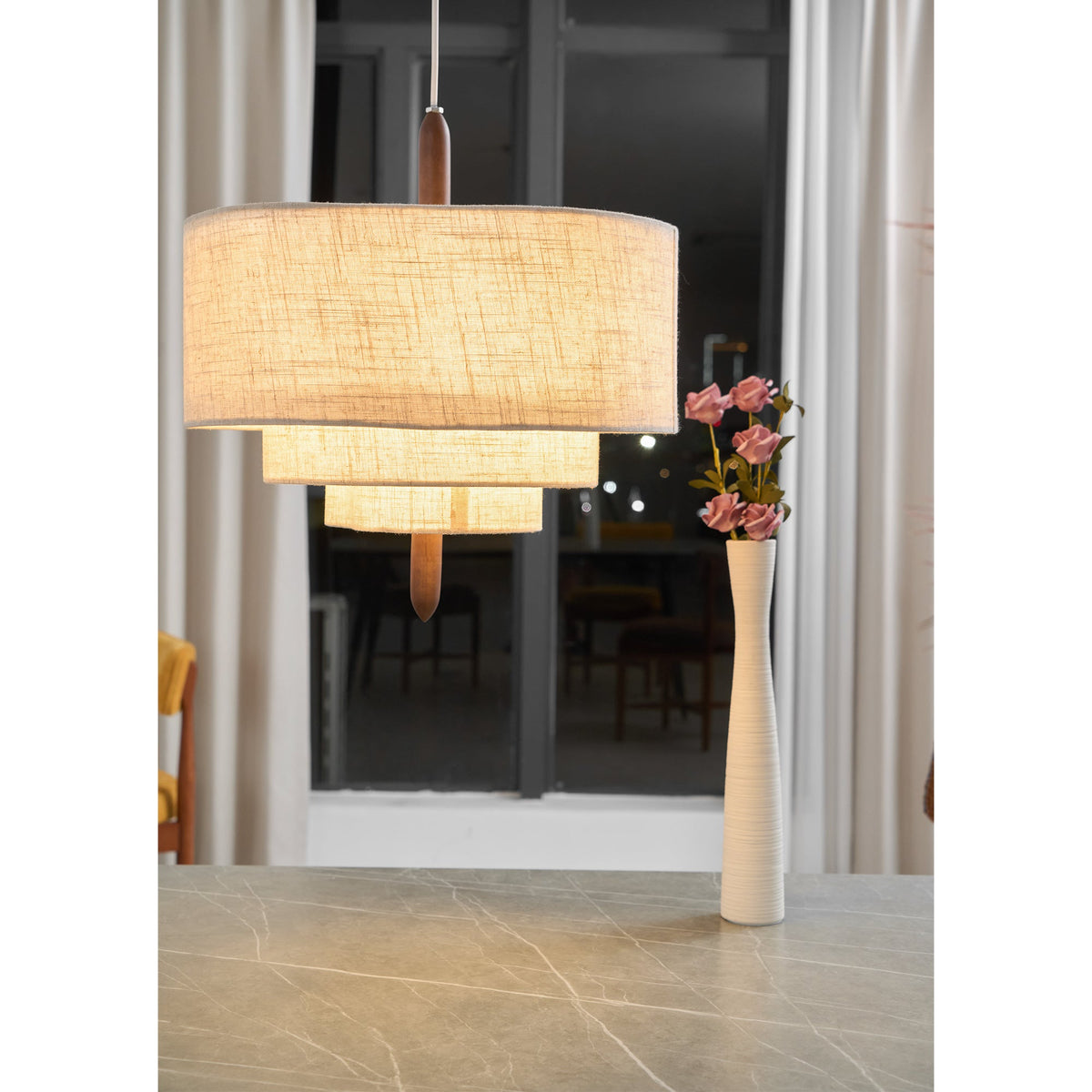 Pebble Pendant Lamp - Organic Fabric Cluster & Wood Accent Light