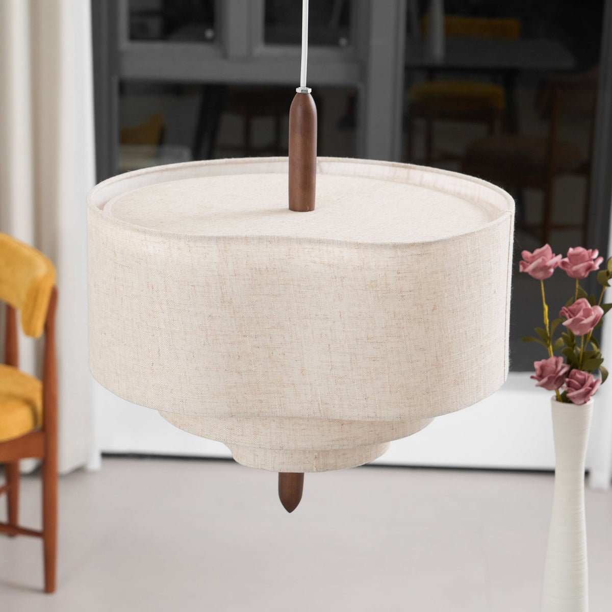 Pebble Pendant Lamp - Organic Fabric Cluster & Wood Accent Light