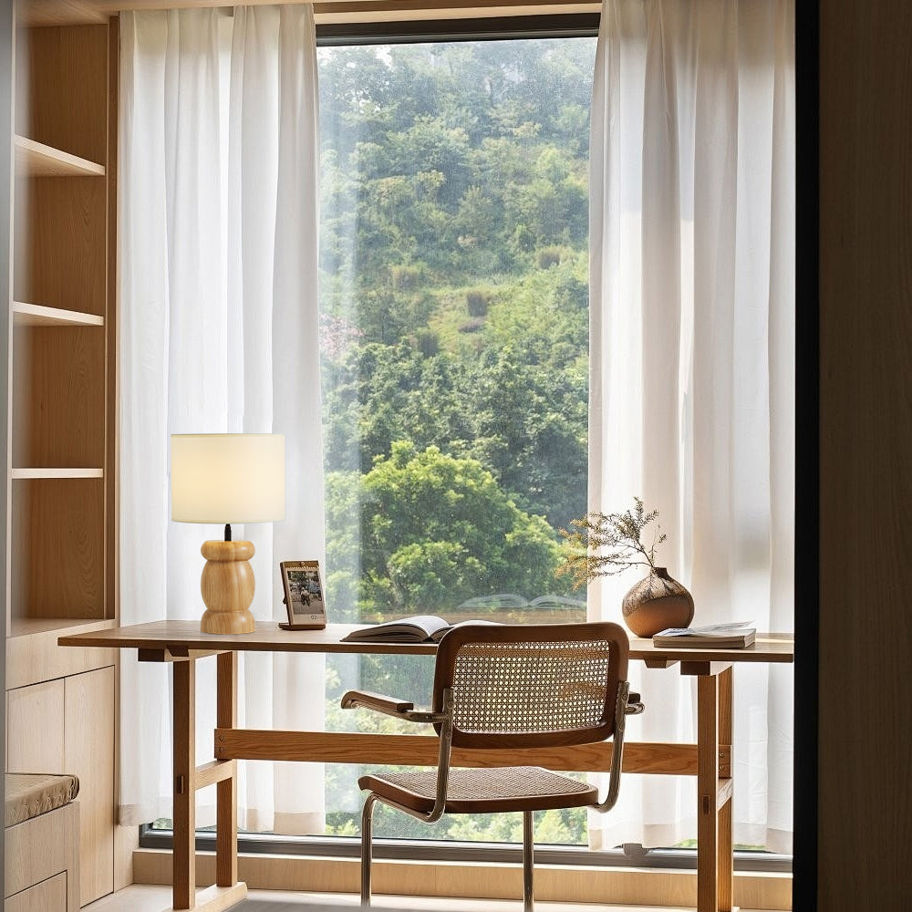Pebble Wood Table Lamp - Sculpted Ash Wood & Fabric Shade Light