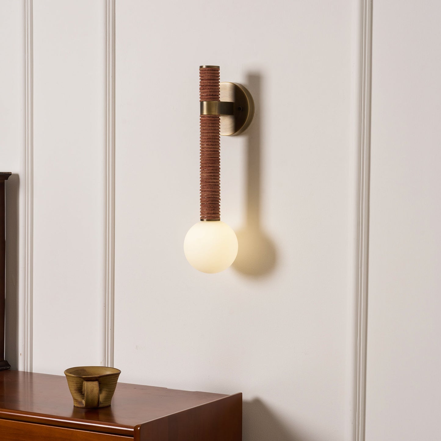 Threadline Globe Wall Sconce - Stacked Leather & Brass Globe Light | Modern Organic Wall Sconce