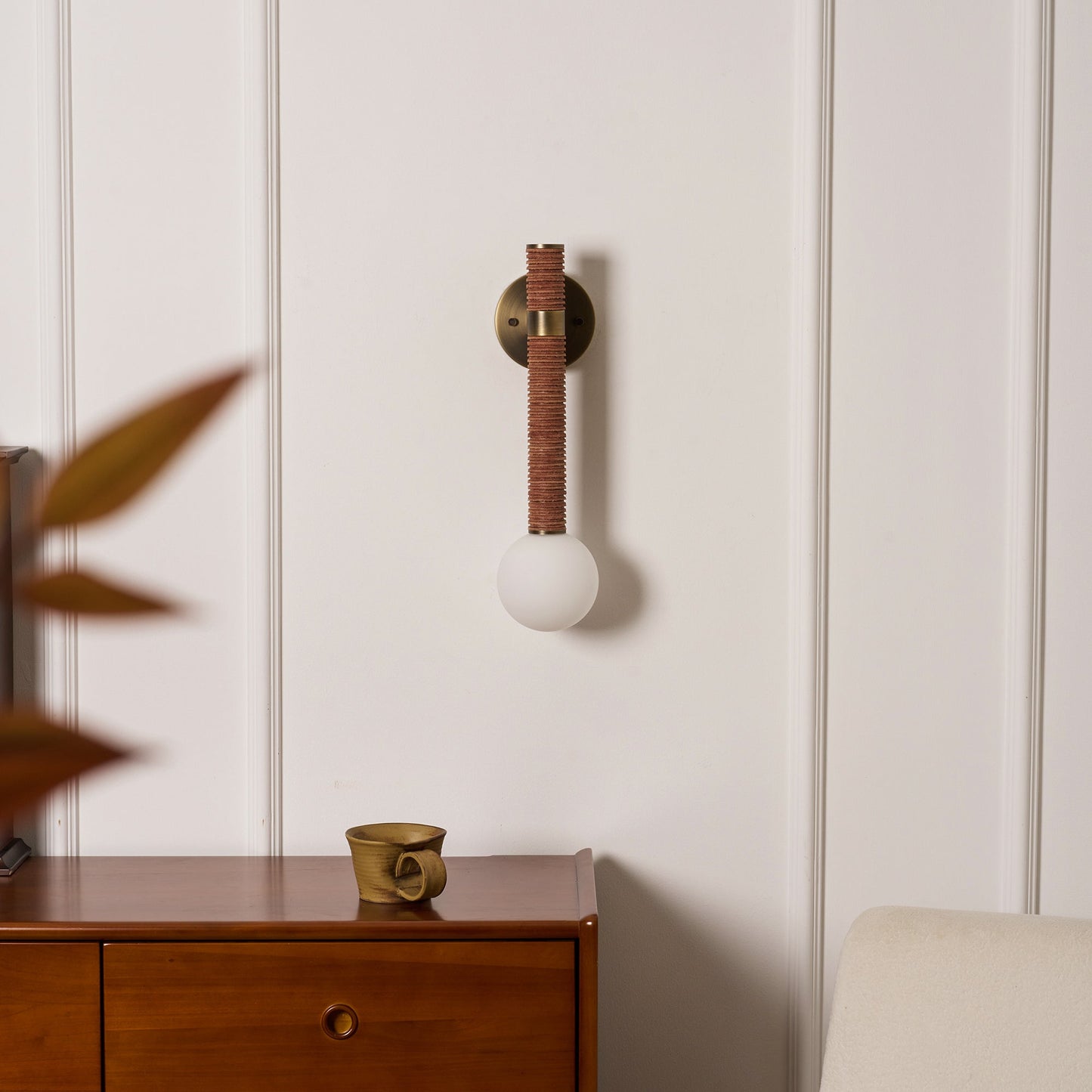 Threadline Globe Wall Sconce - Stacked Leather & Brass Globe Light | Modern Organic Wall Sconce