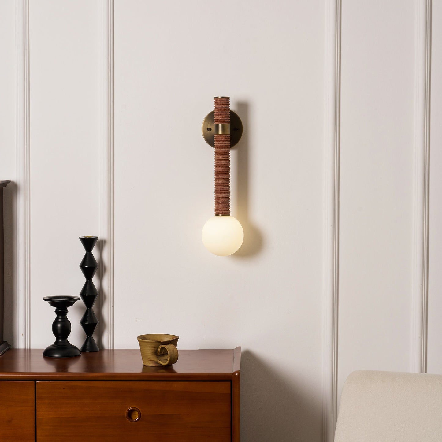 Threadline Globe Wall Sconce - Stacked Leather & Brass Globe Light | Modern Organic Wall Sconce