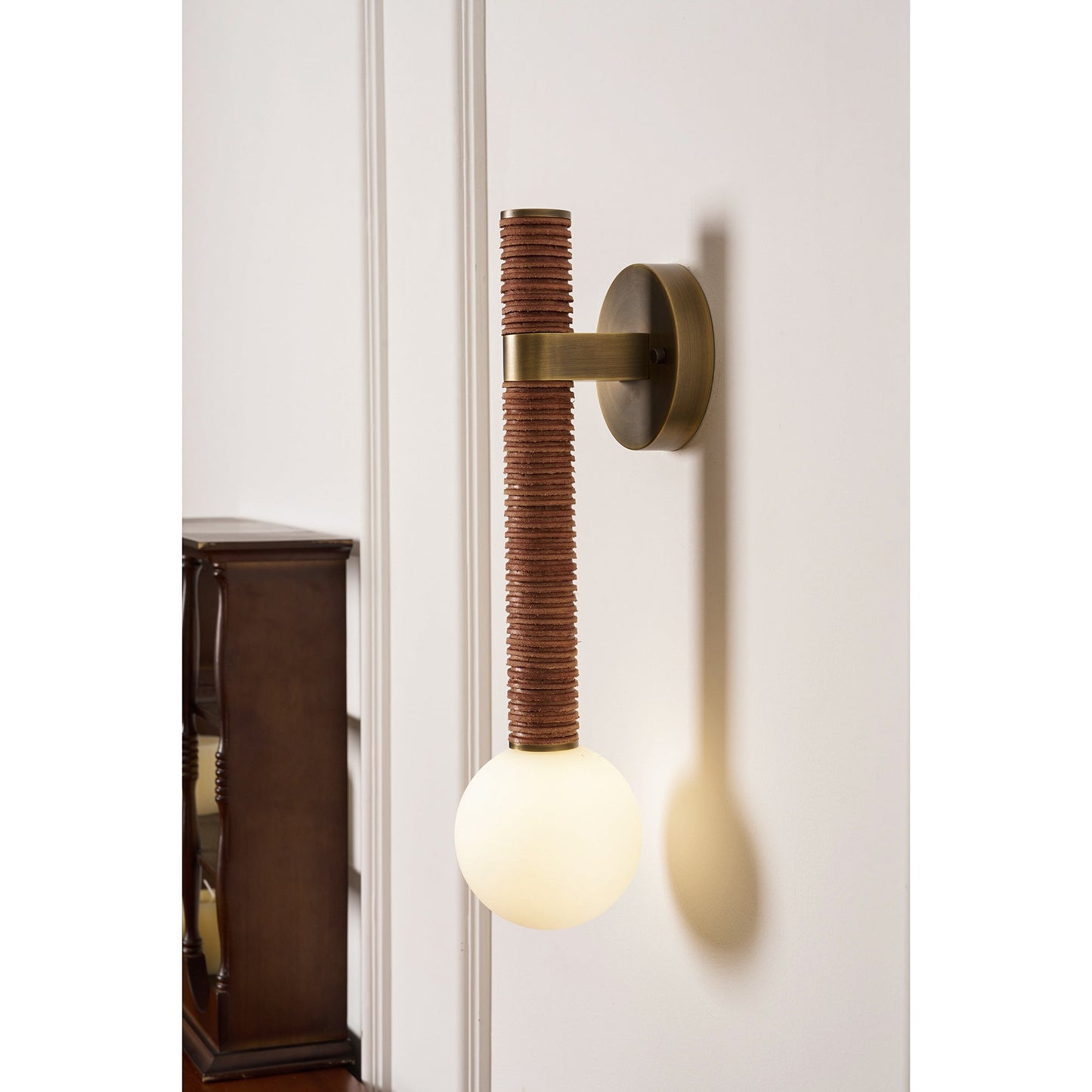 Threadline Globe Wall Sconce - Stacked Leather & Brass Globe Light | Modern Organic Wall Sconce