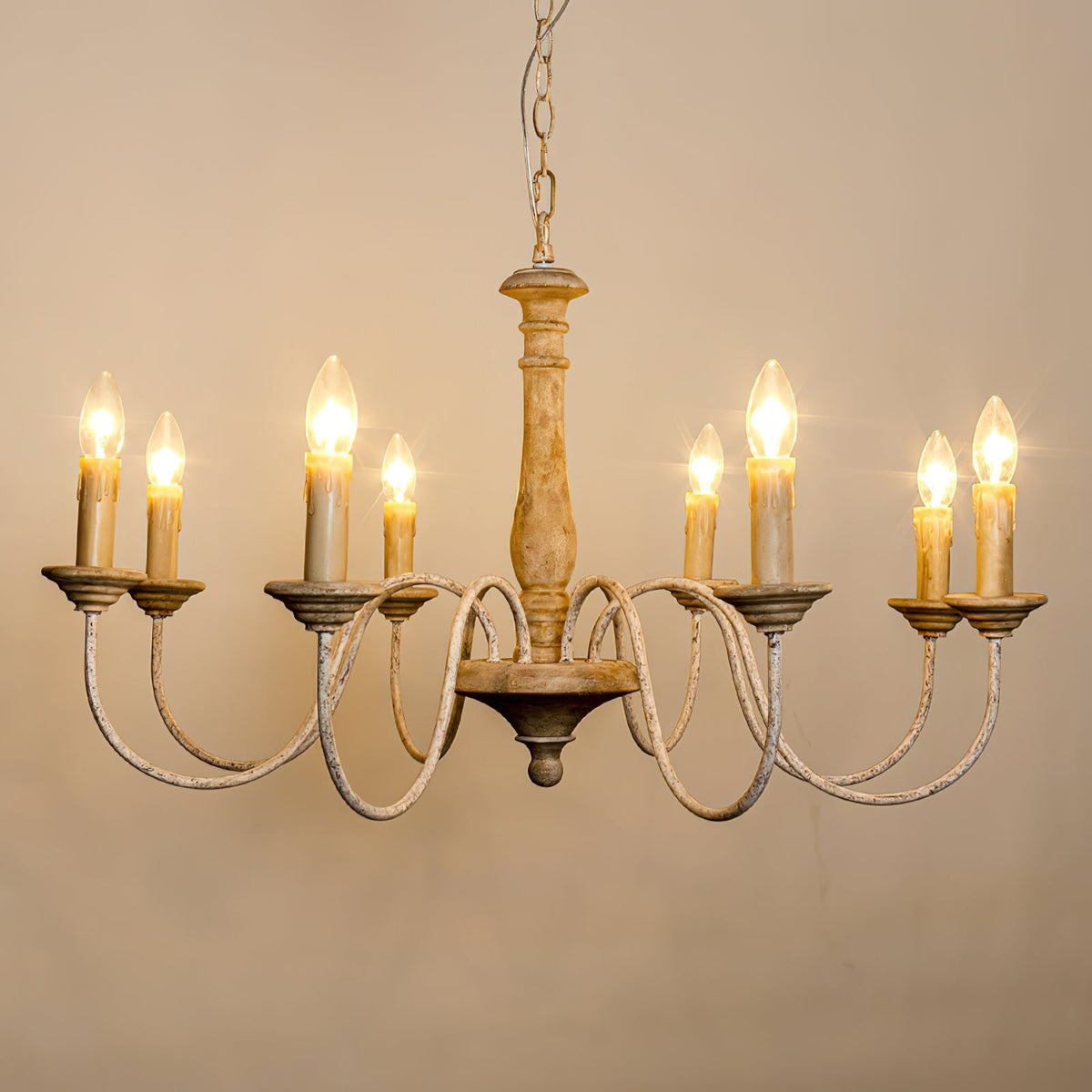 Penetrar Chandelier - Hand-Carved Distressed Wood & Iron Arm Light