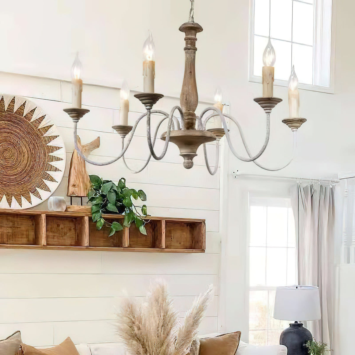 Penetrar Chandelier - Hand-Carved Distressed Wood & Iron Arm Light