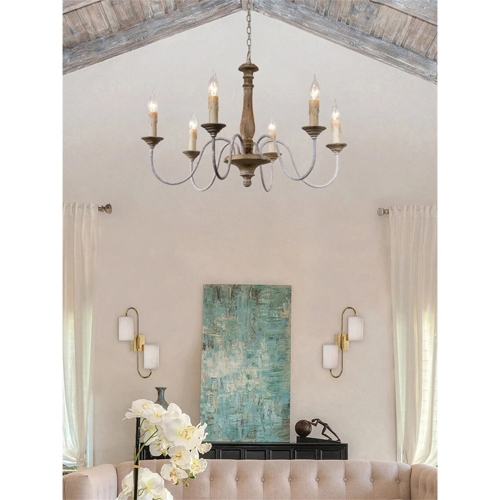 Penetrar Chandelier - Hand-Carved Distressed Wood & Iron Arm Light