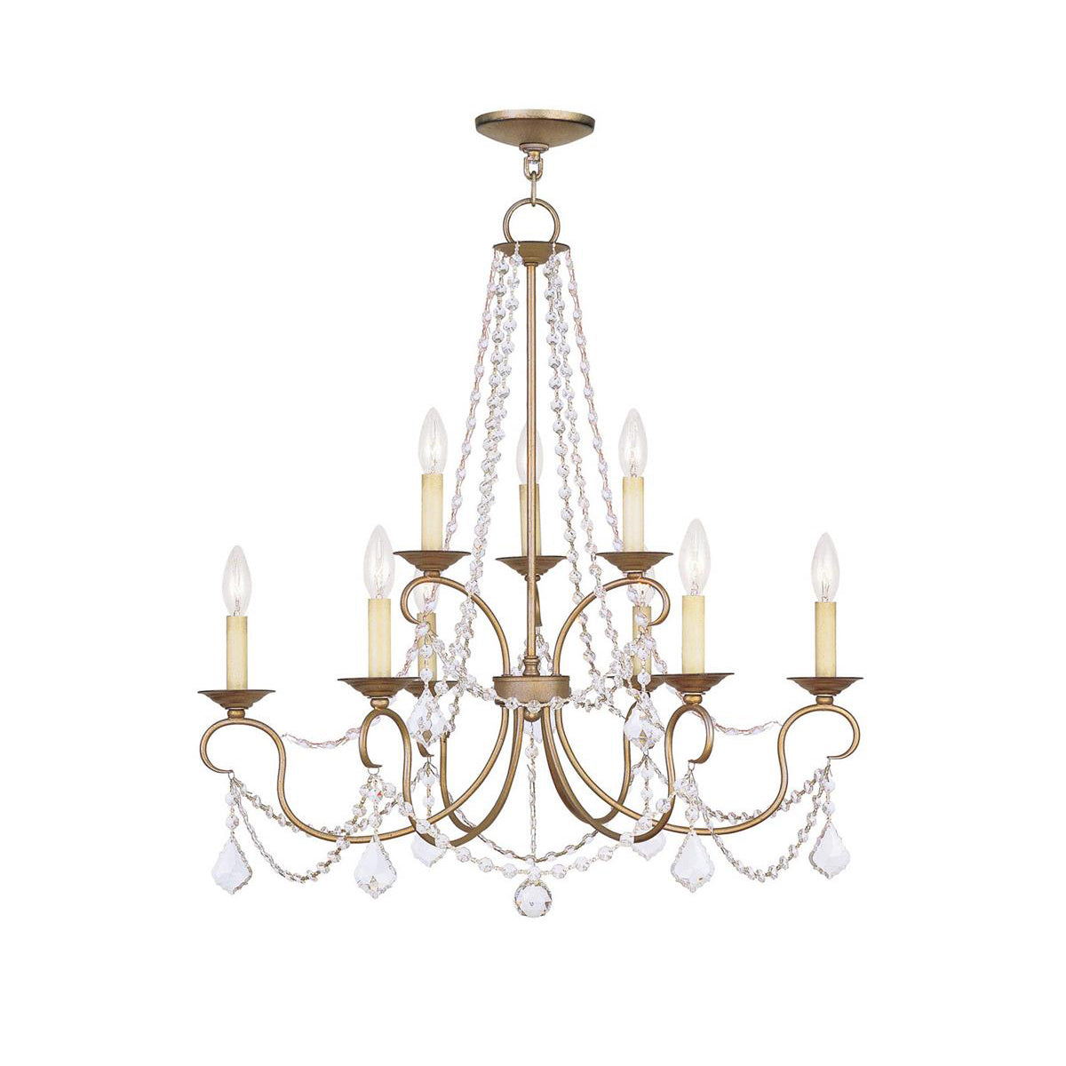 Pennington Chandelier - Antique Brass Candelabra Light & Clear Crystals