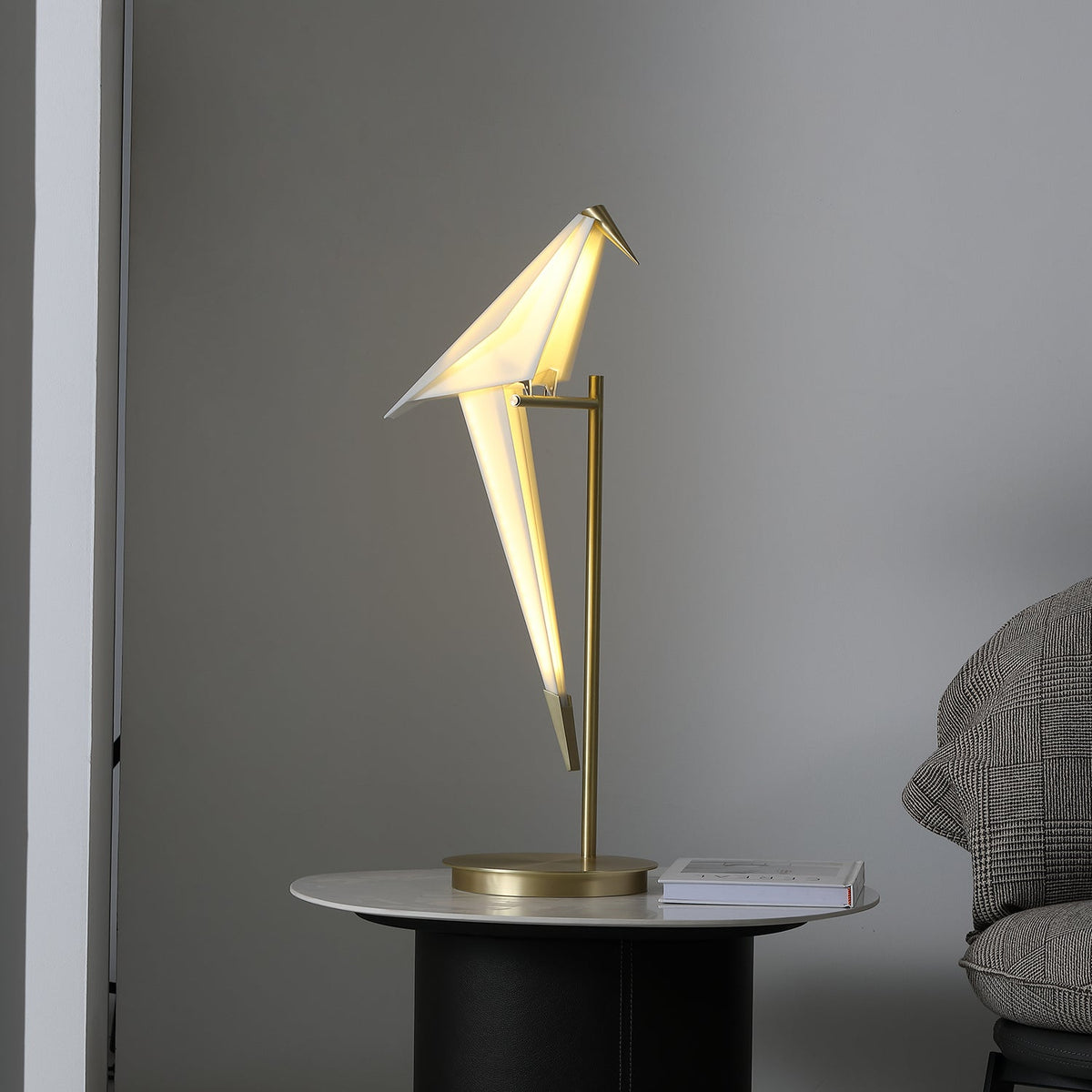 Perch Table Lamp - Kinetic Bird Light & Touch-Motion Brass Frame