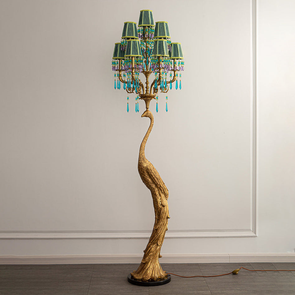 Perky Peacock Floor Lamp - Sand-Cast Brass & Crystal Sculptural Light