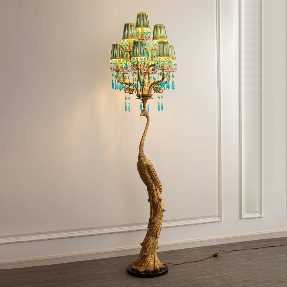 Perky Peacock Floor Lamp - Sand-Cast Brass & Crystal Sculptural Light