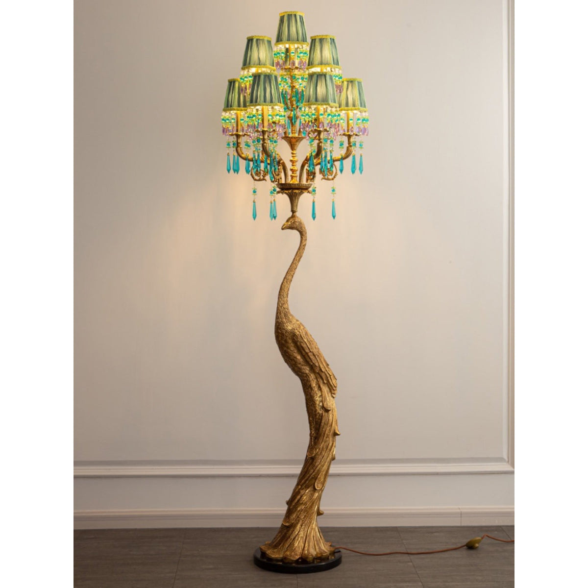 Perky Peacock Floor Lamp - Sand-Cast Brass & Crystal Sculptural Light