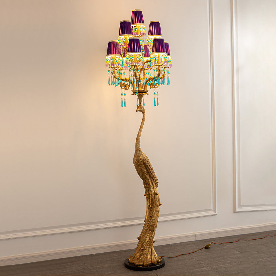 Perky Peacock Floor Lamp - Sand-Cast Brass & Crystal Sculptural Light