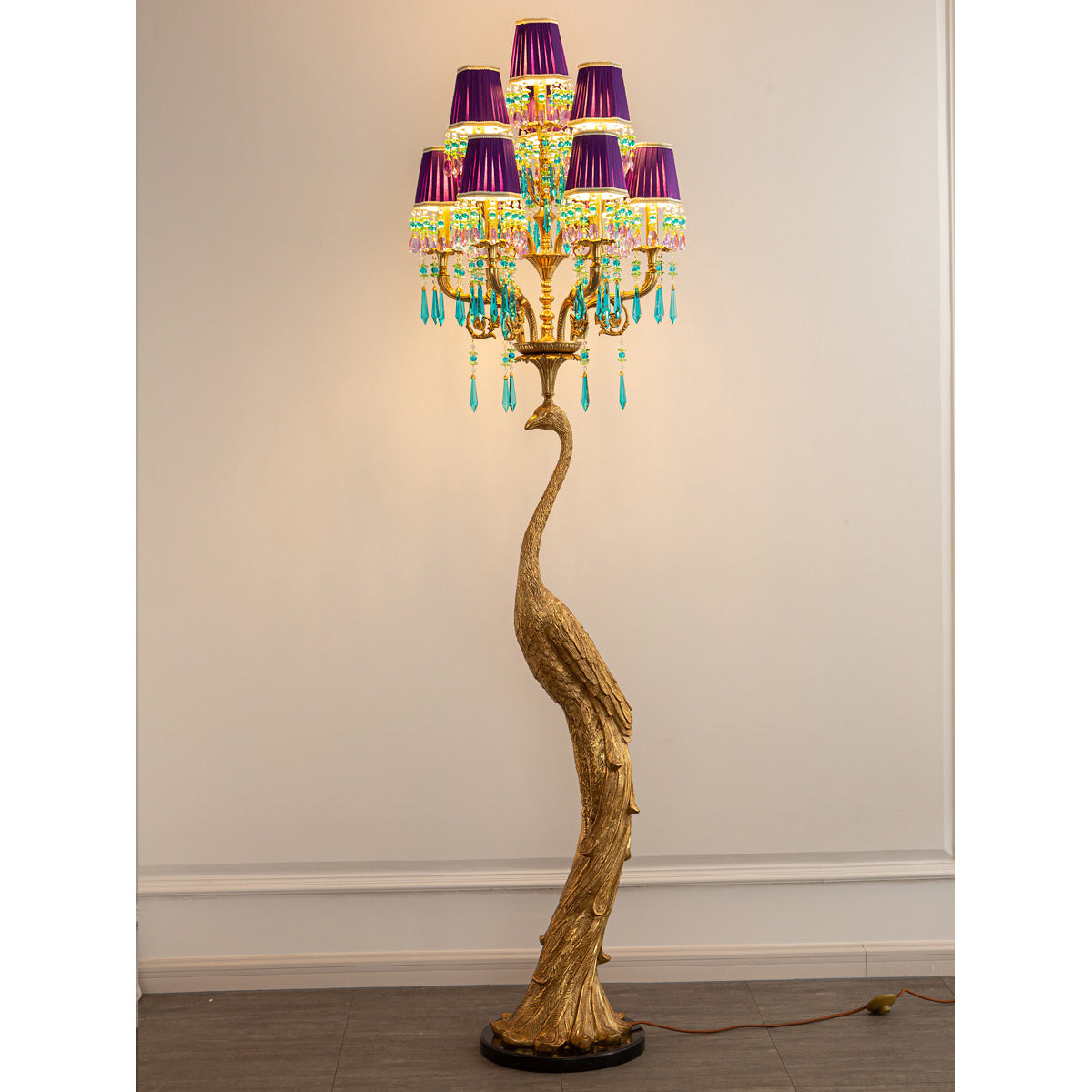Perky Peacock Floor Lamp - Sand-Cast Brass & Crystal Sculptural Light