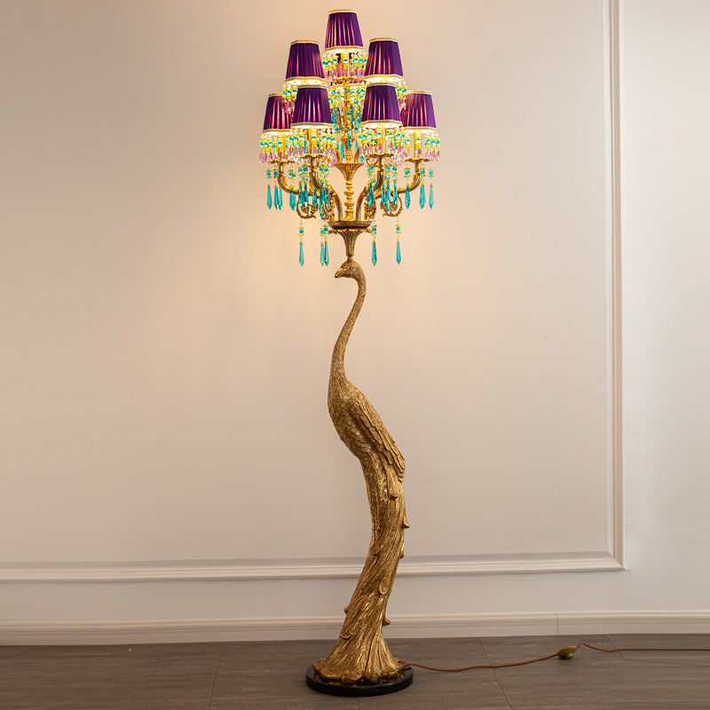 Perky Peacock Floor Lamp - Sand-Cast Brass & Crystal Sculptural Light