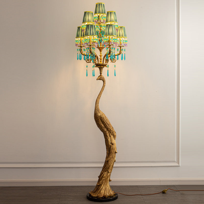 Perky Peacock Floor Lamp - Sand-Cast Brass & Crystal Sculptural Light