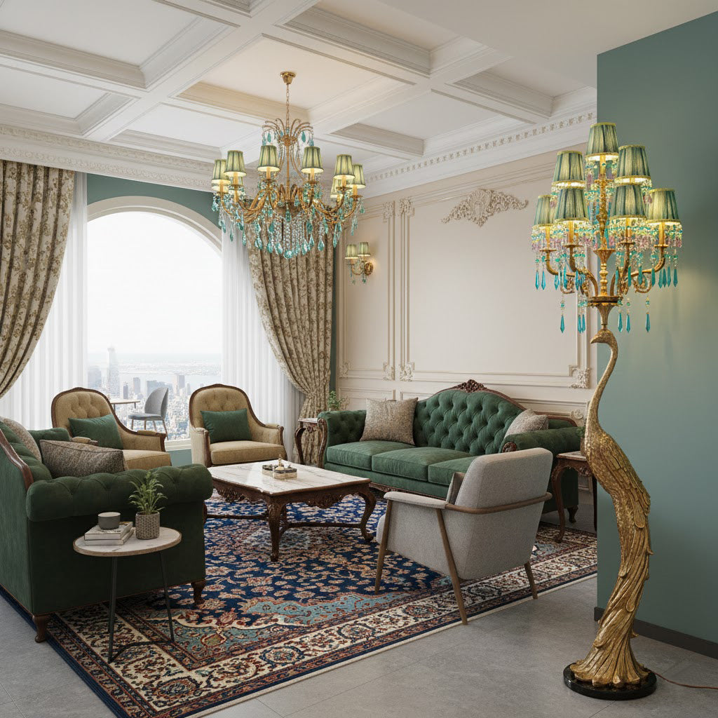 Perky Peacock Floor Lamp - Sand-Cast Brass & Crystal Sculptural Light