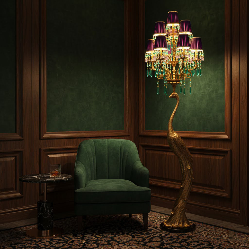 Perky Peacock Floor Lamp - Sand-Cast Brass & Crystal Sculptural Light