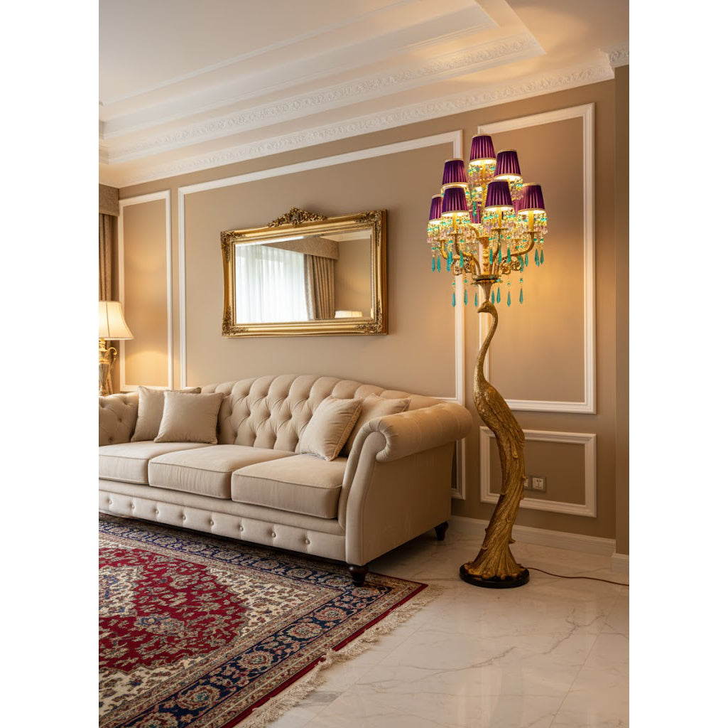 Perky Peacock Floor Lamp - Sand-Cast Brass & Crystal Sculptural Light