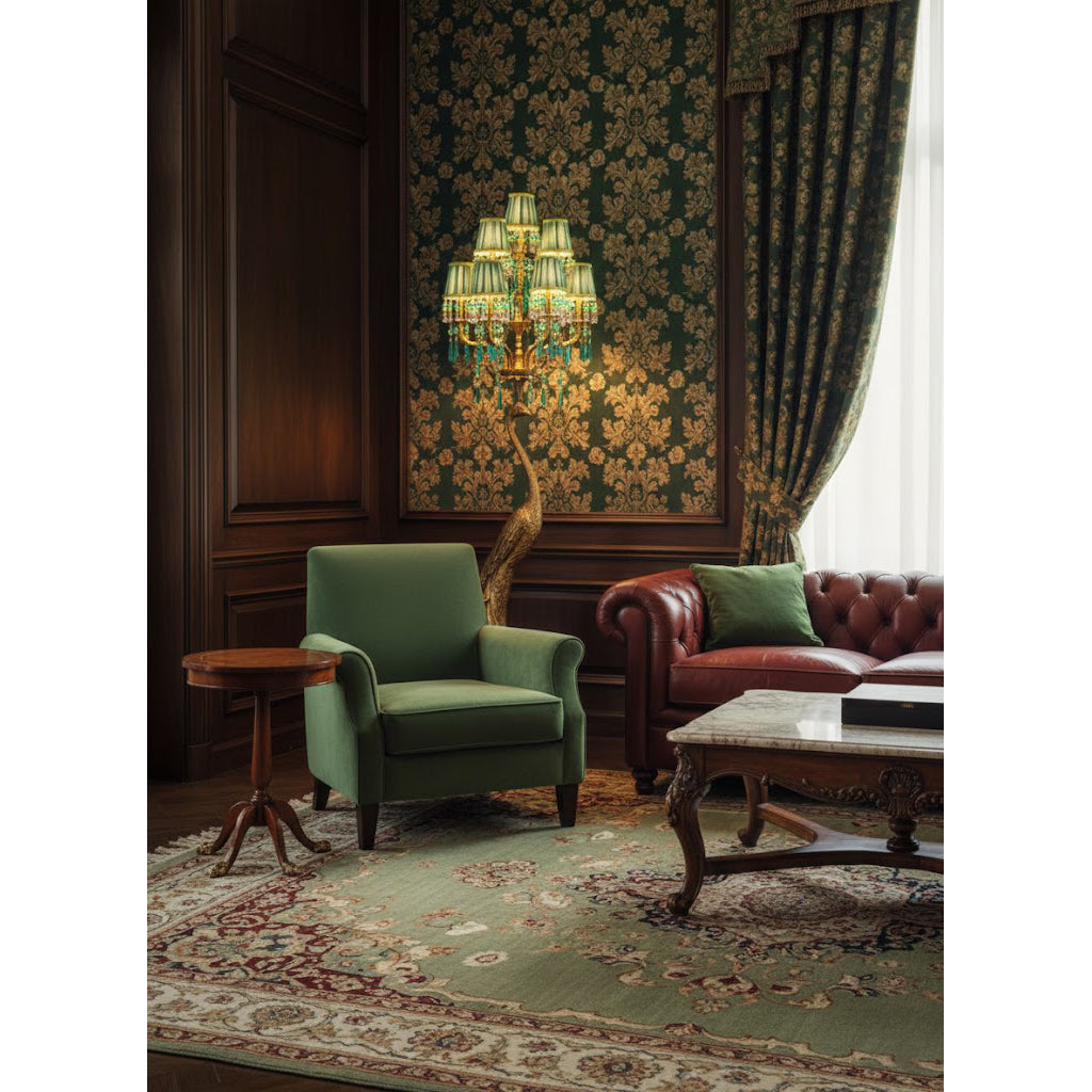 Perky Peacock Floor Lamp - Sand-Cast Brass & Crystal Sculptural Light