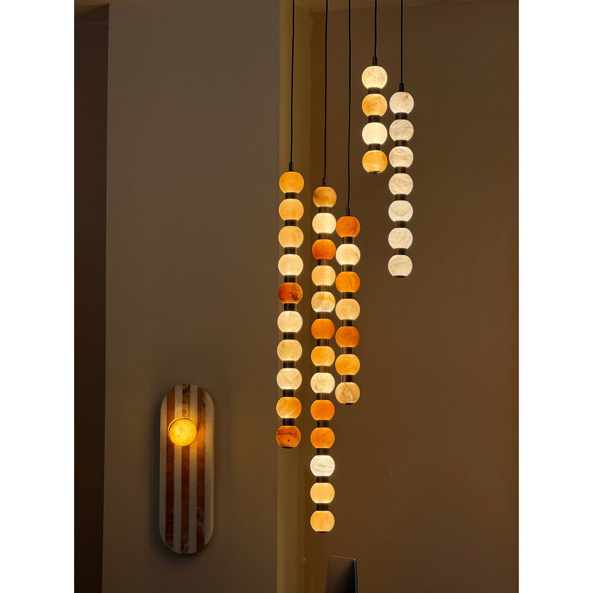 Perle Alabaster Pendant Lamp - Natural Stone Column & Stainless Steel Light