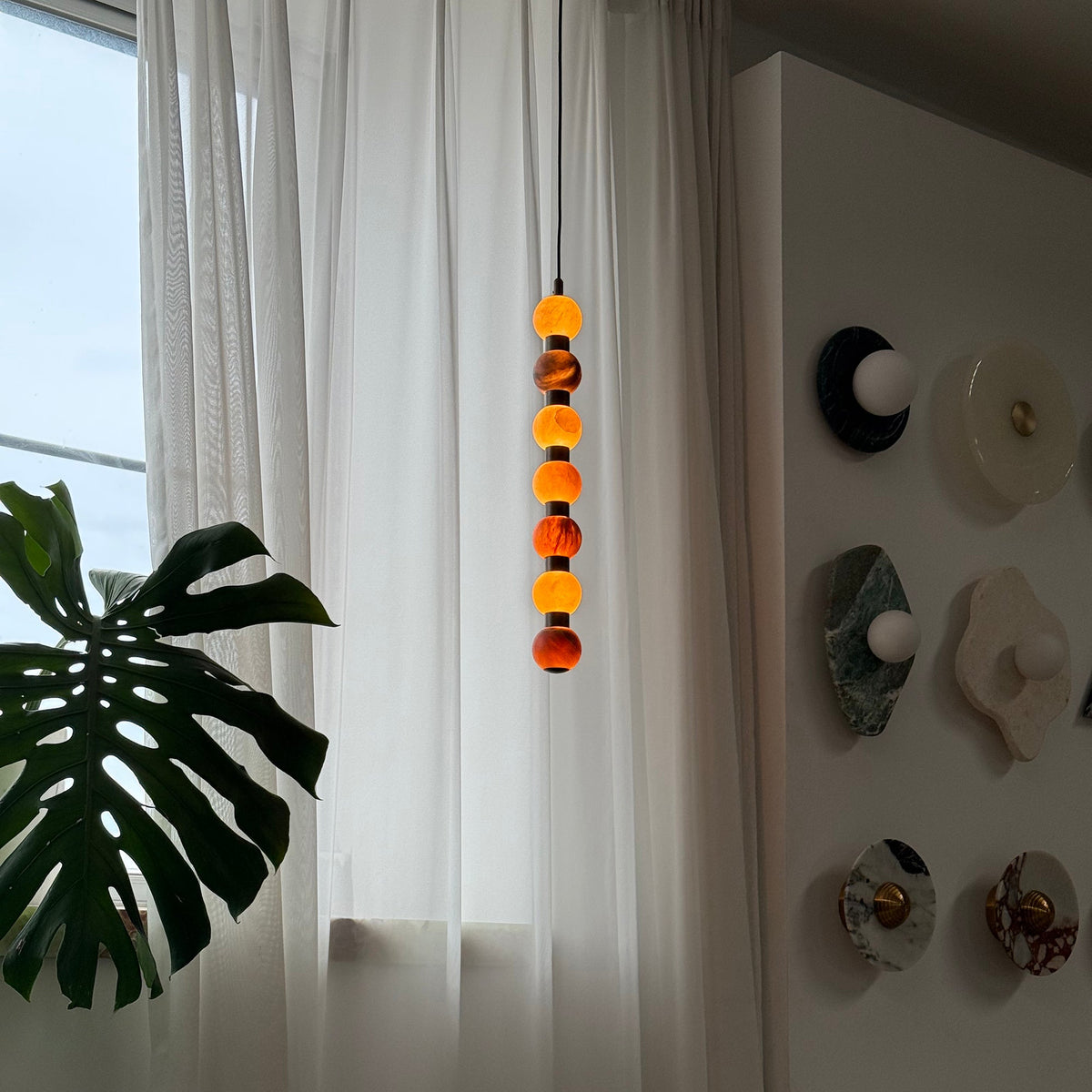 Perle Alabaster Pendant Lamp - Natural Stone Column & Stainless Steel Light