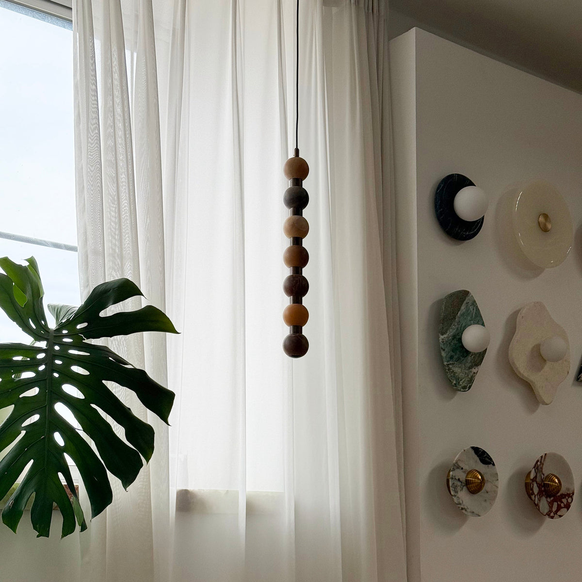Perle Alabaster Pendant Lamp - Natural Stone Column & Stainless Steel Light