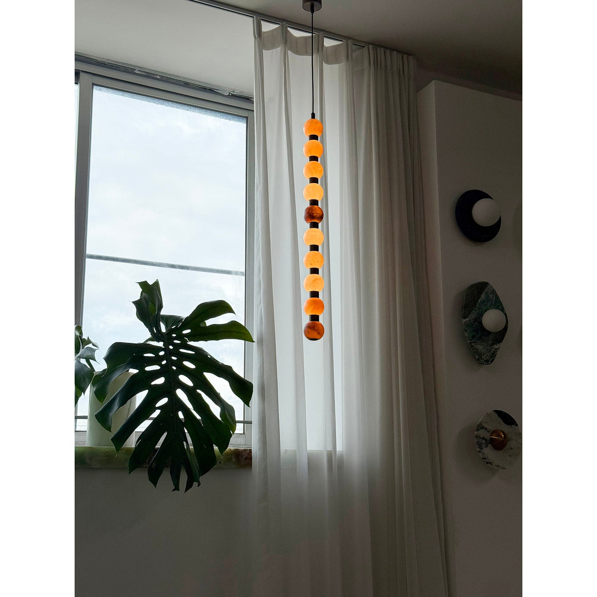 Perle Alabaster Pendant Lamp - Natural Stone Column & Stainless Steel Light