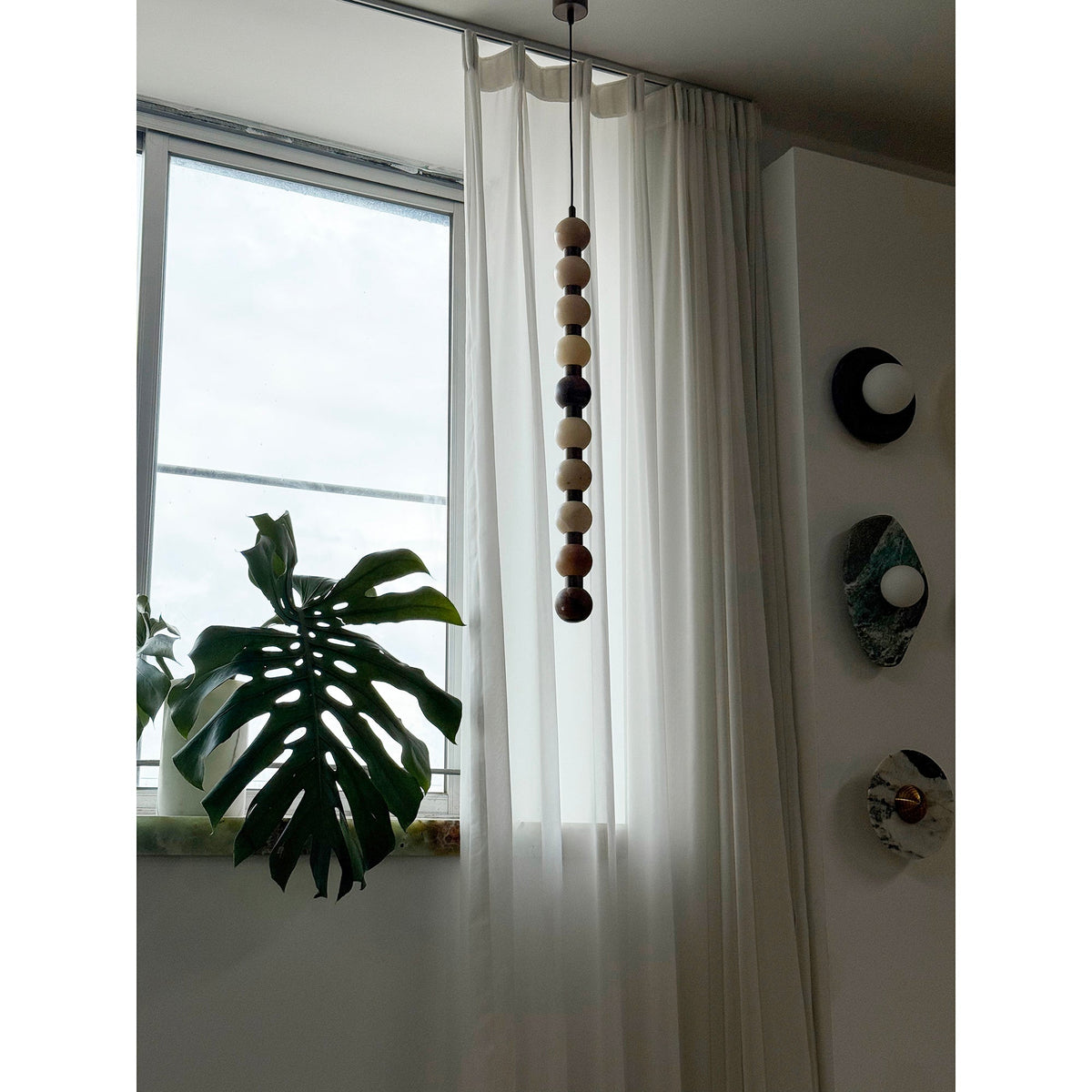 Perle Alabaster Pendant Lamp - Natural Stone Column & Stainless Steel Light