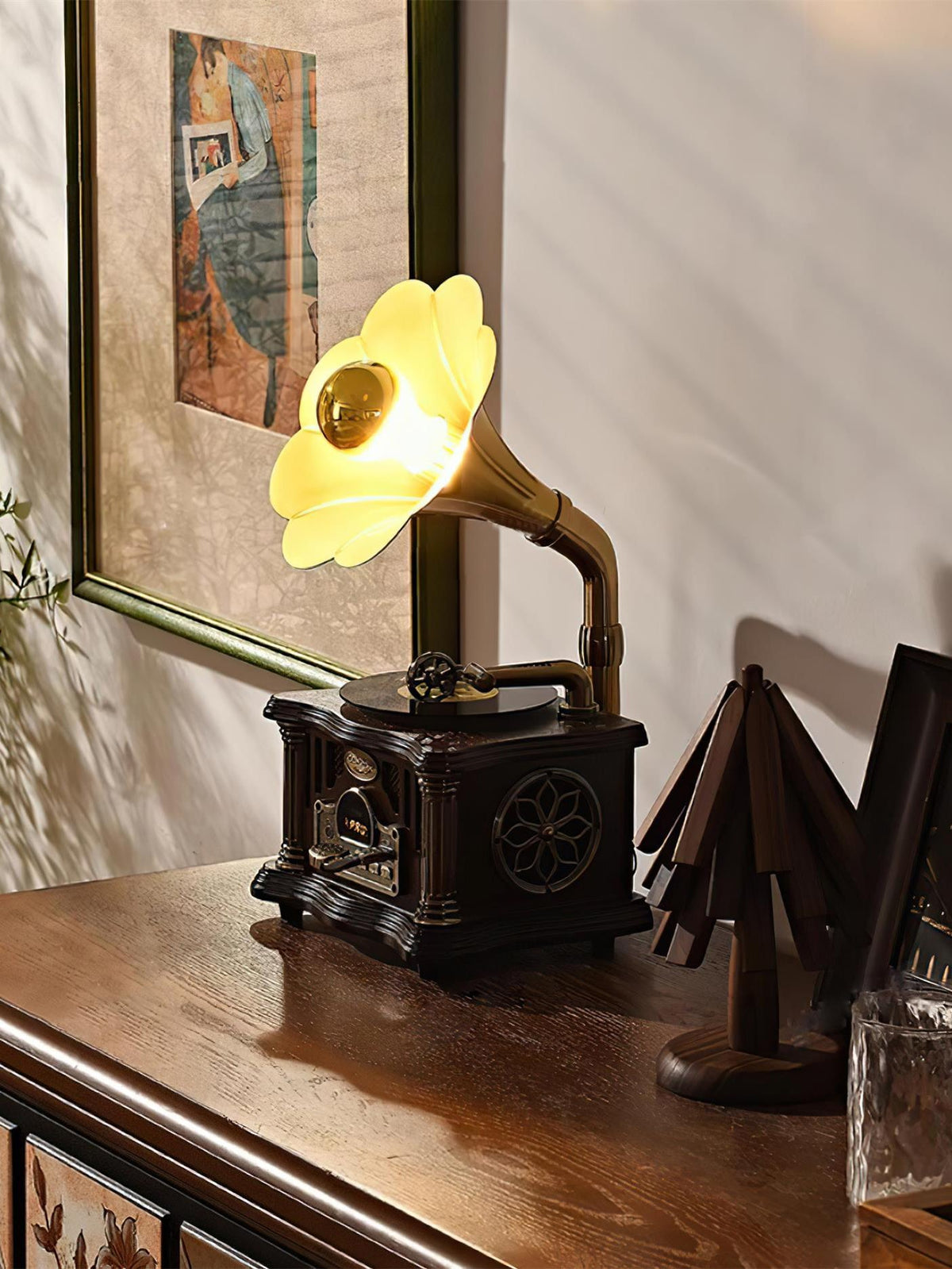 Phonograph Table Lamp - Vintage Gramophone Light & Bluetooth Speaker