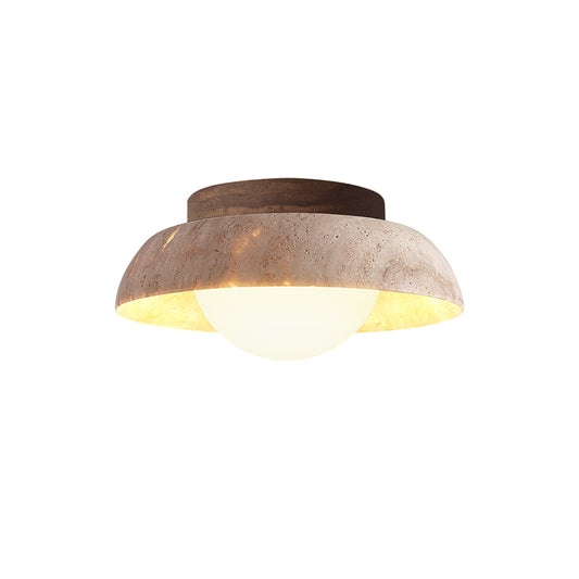 Piedra Travertine Ceiling Lamp - Natural Stone & Walnut Wood Flush Mount