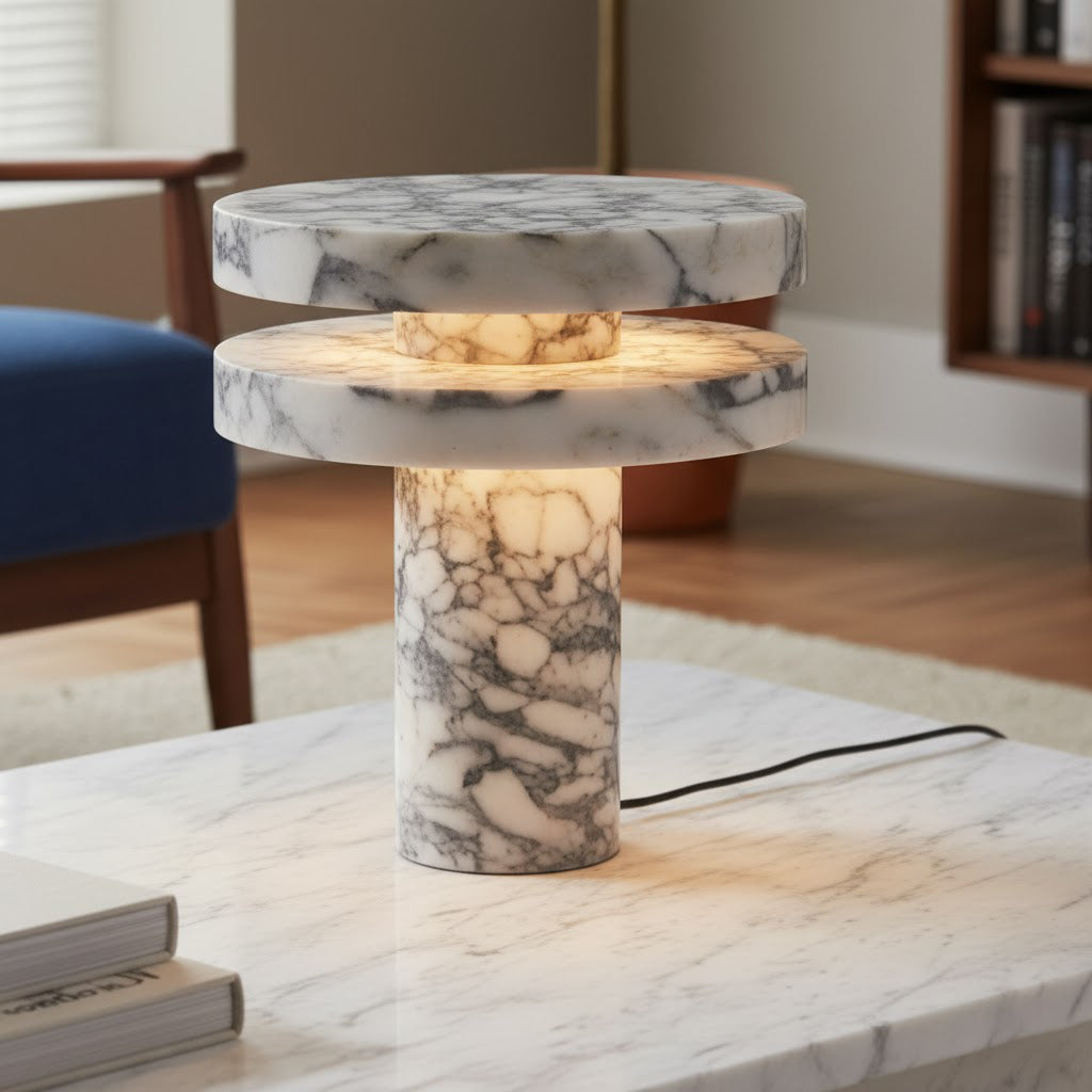 Pillar Marble Table Lamp - Solid Natural Stone Cylinder & LED