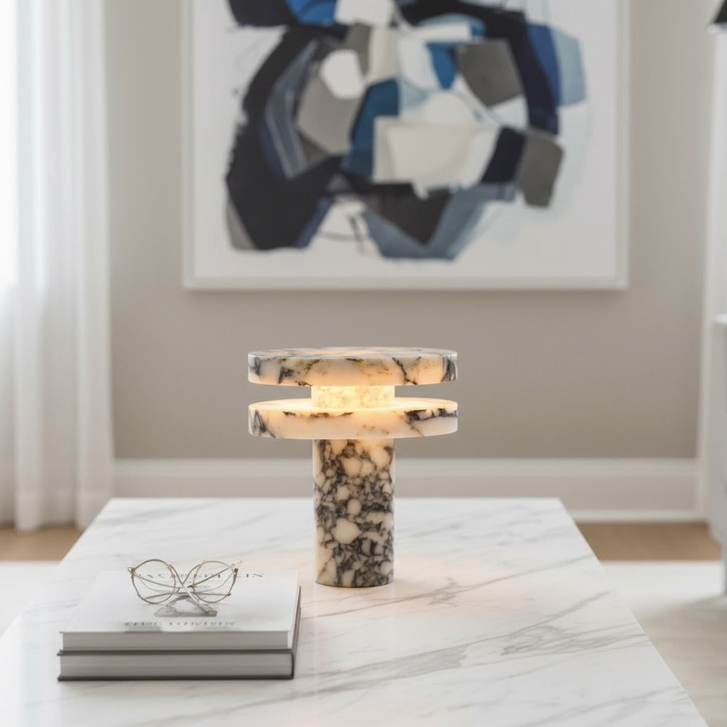 Pillar Marble Table Lamp - Solid Natural Stone Cylinder & LED
