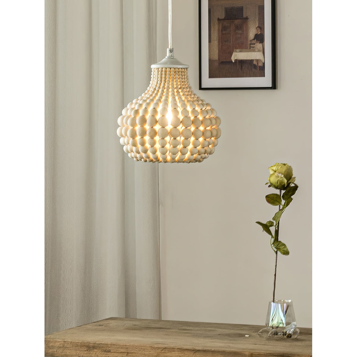 Pilli Beaded Pendant Lamp - Boho Natural Solid Wood Bead Light