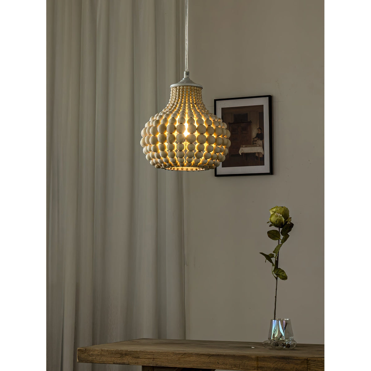 Pilli Beaded Pendant Lamp - Boho Natural Solid Wood Bead Light