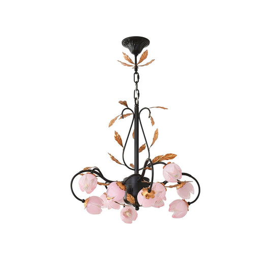 Pink Tulip Chandelier - Floral Blown Glass Petals & Brass Light