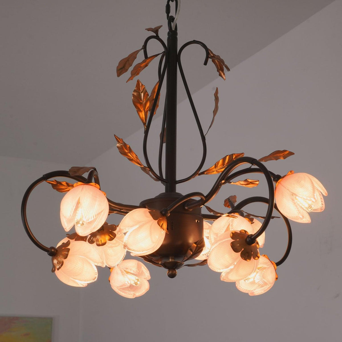 Pink Tulip Chandelier - Floral Blown Glass Petals & Brass Light