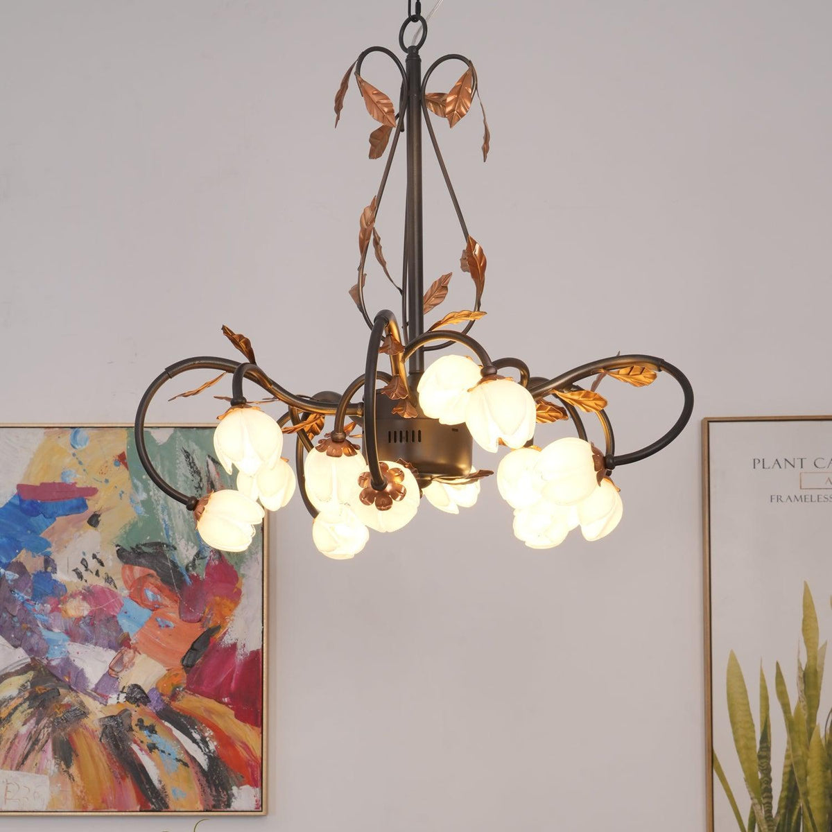 Pink Tulip Chandelier - Floral Blown Glass Petals & Brass Light