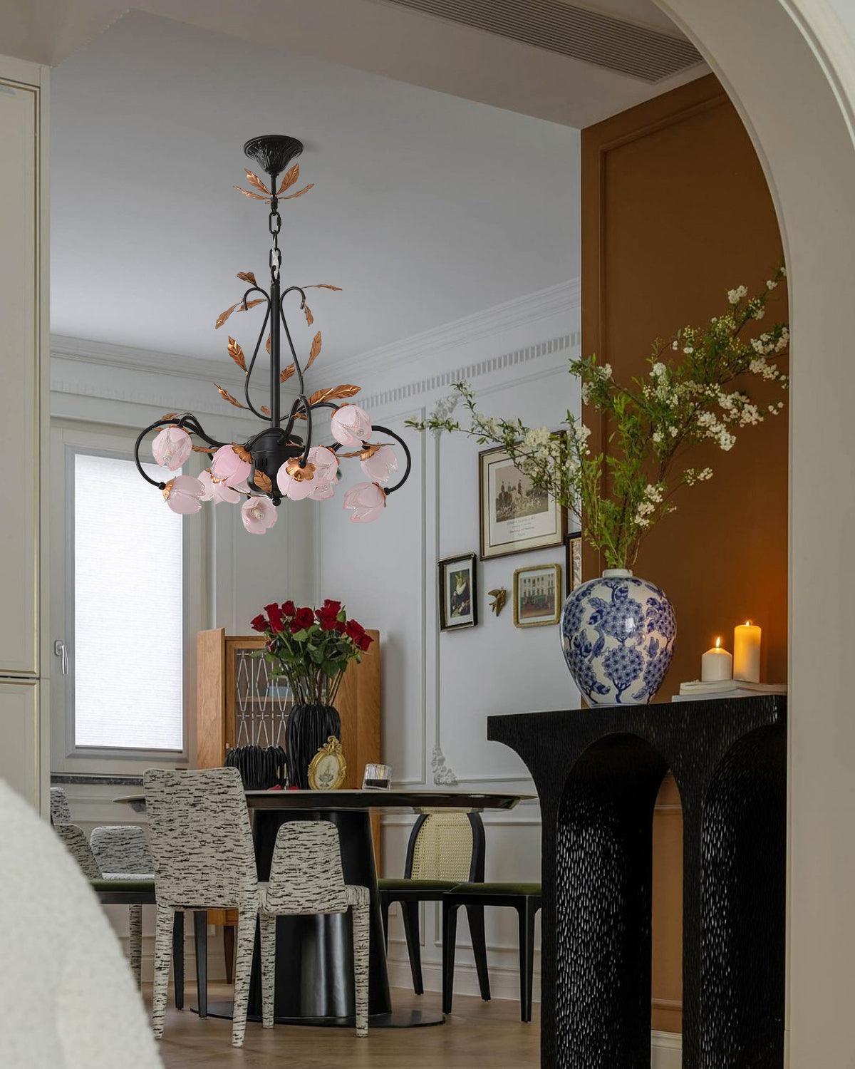 Pink Tulip Chandelier - Floral Blown Glass Petals & Brass Light