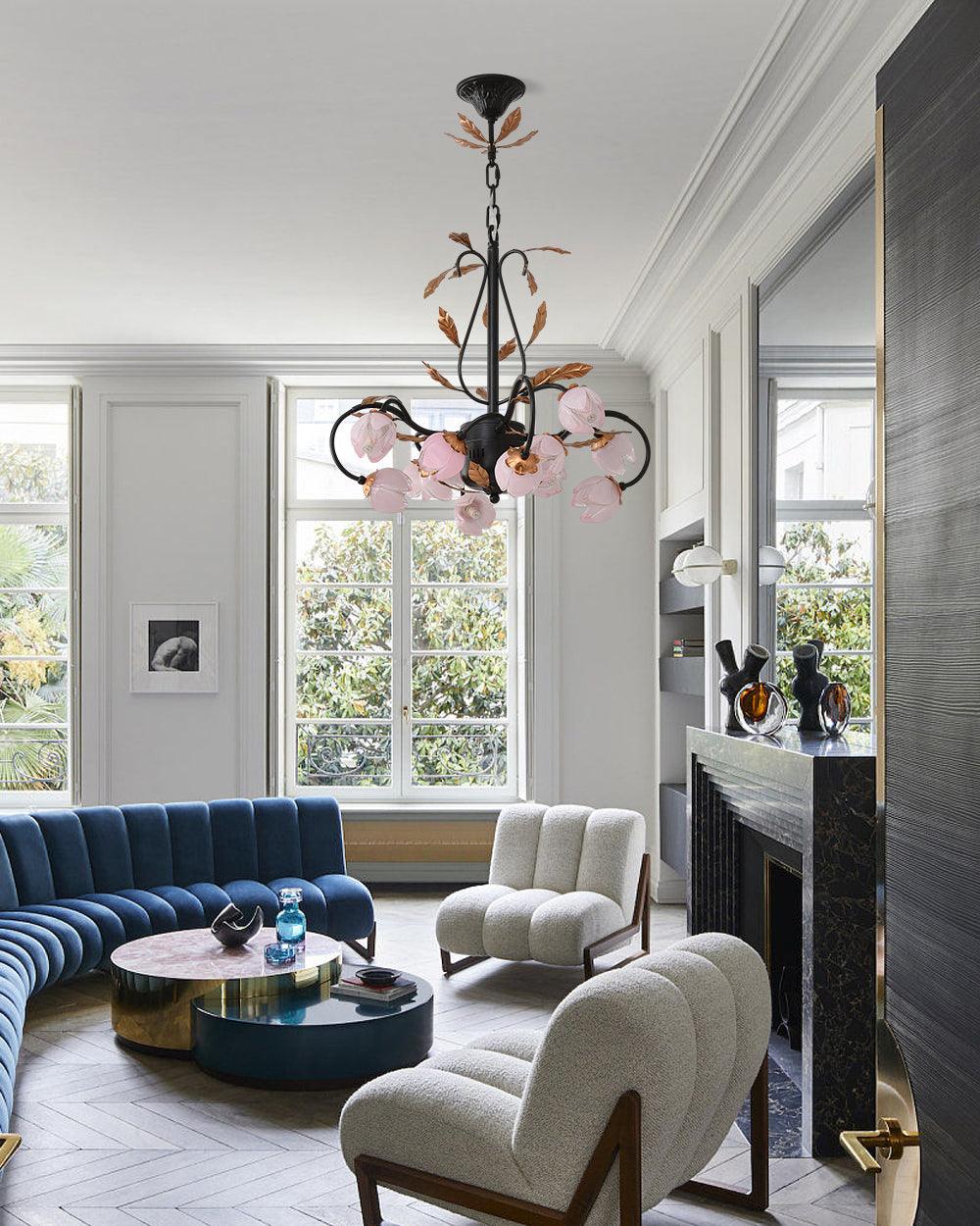 Pink Tulip Chandelier - Floral Blown Glass Petals & Brass Light