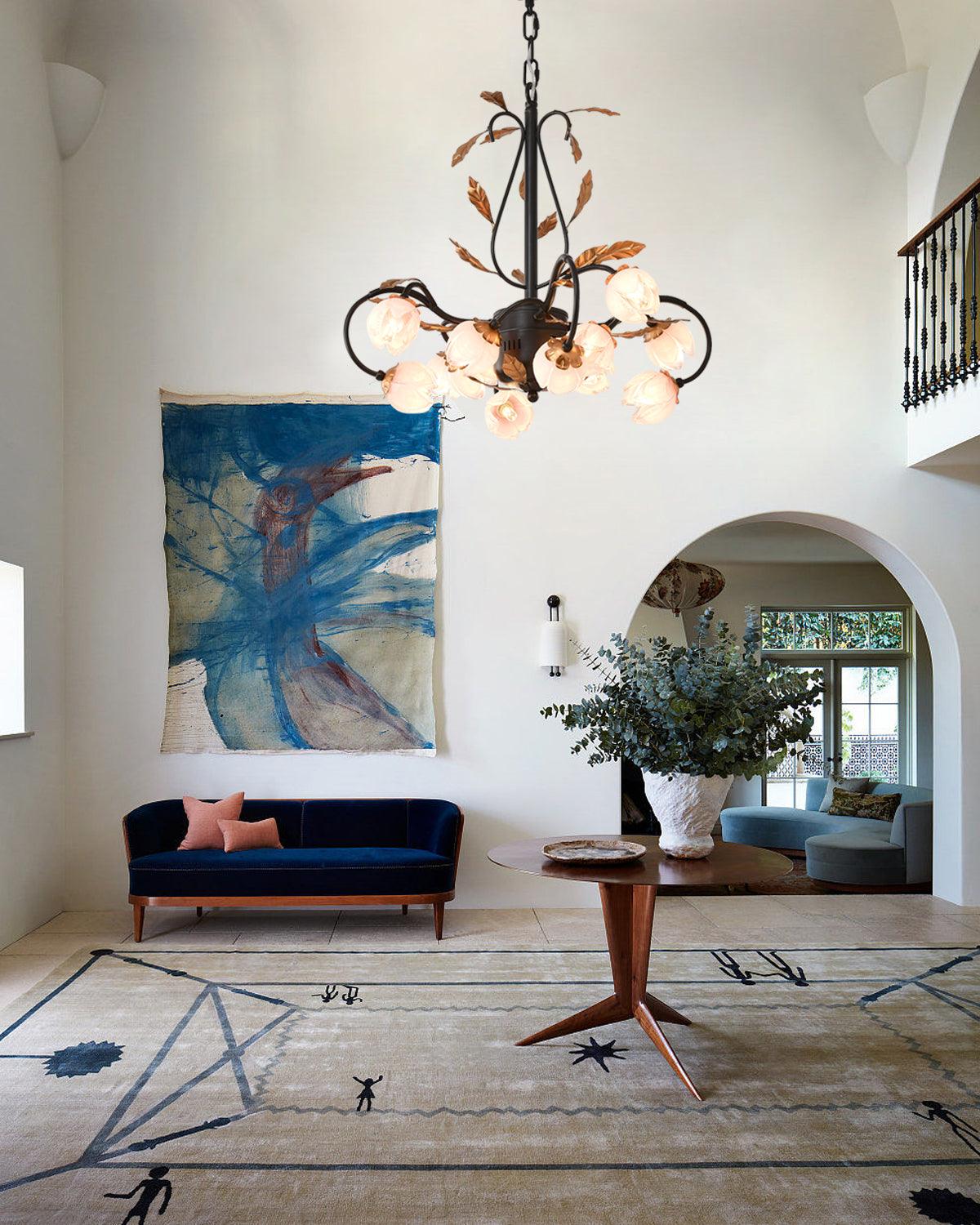 Pink Tulip Chandelier - Floral Blown Glass Petals & Brass Light