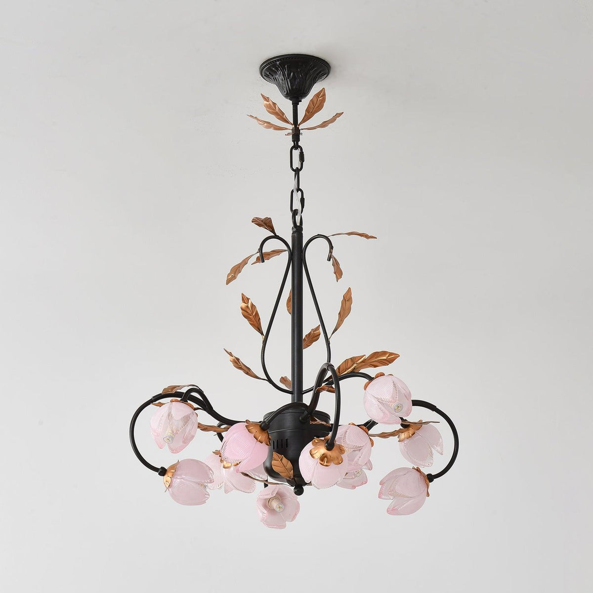 Pink Tulip Chandelier - Floral Blown Glass Petals & Brass Light