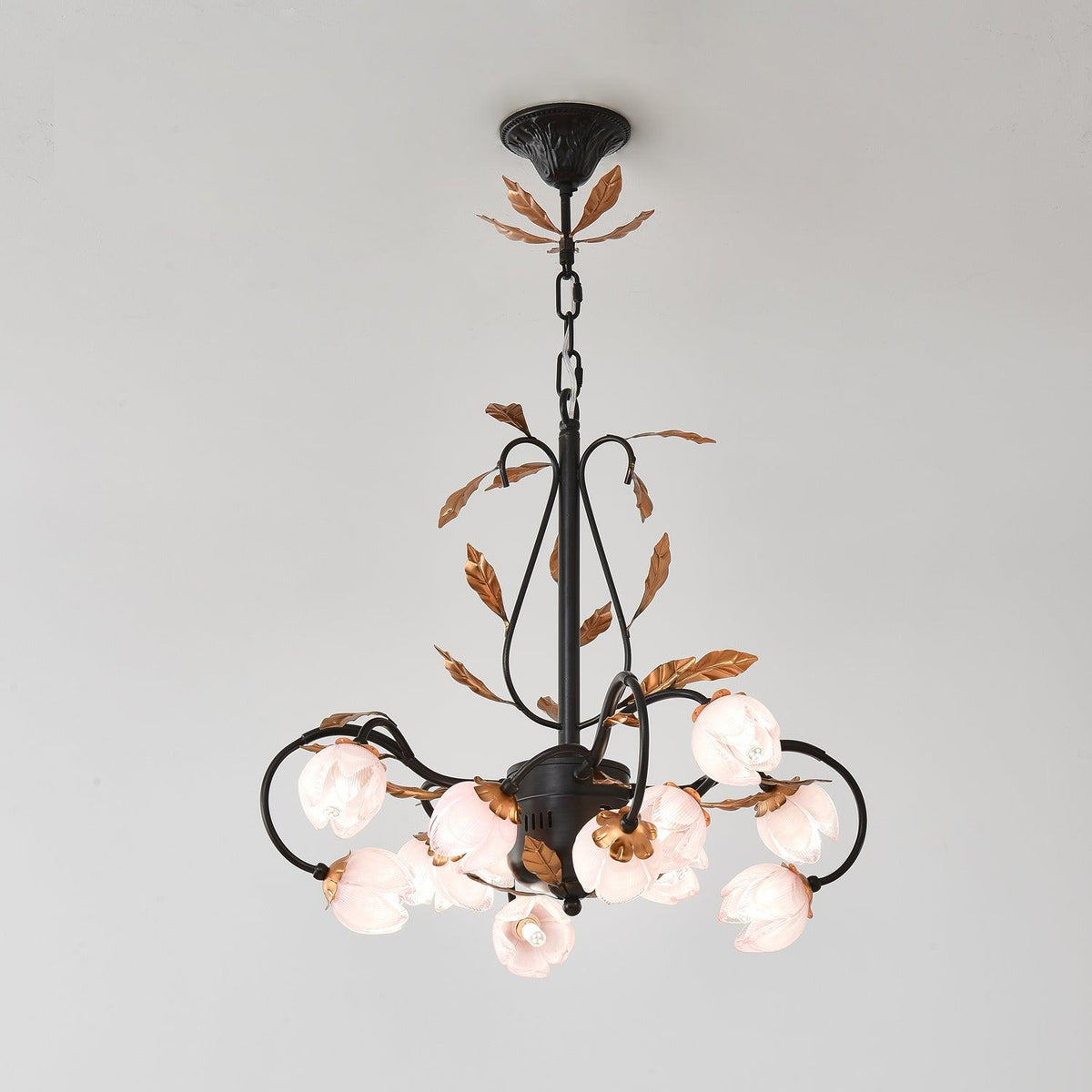 Pink Tulip Chandelier - Floral Blown Glass Petals & Brass Light