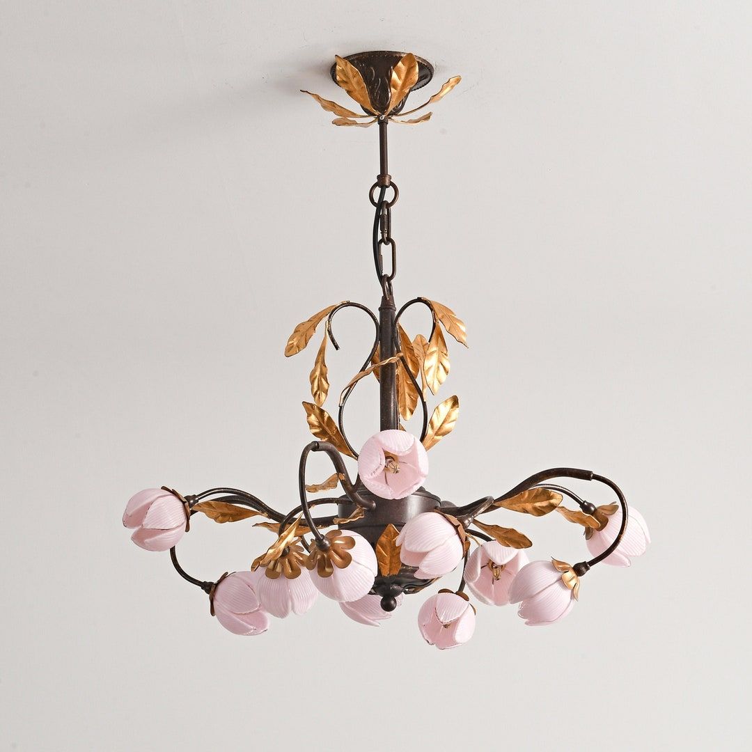 Pink Tulip Chandelier - Floral Blown Glass Petals & Brass Light