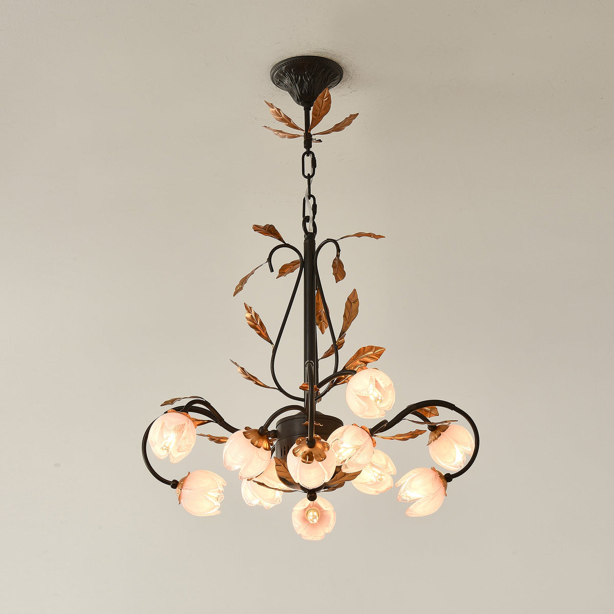 Pink Tulip Chandelier - Floral Blown Glass Petals & Brass Light